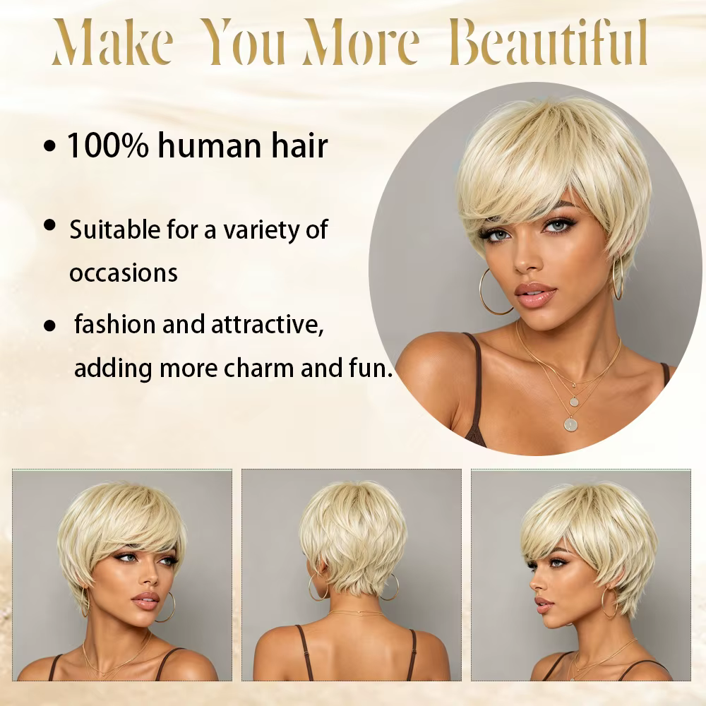 Perruques blondes en cheveux humains coupés style pixie pour femmes