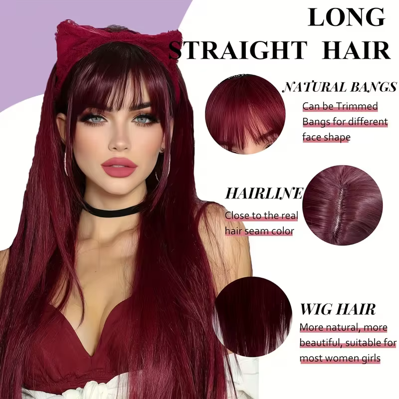Perruque synthétique couleur vin rouge pour cheveux raides