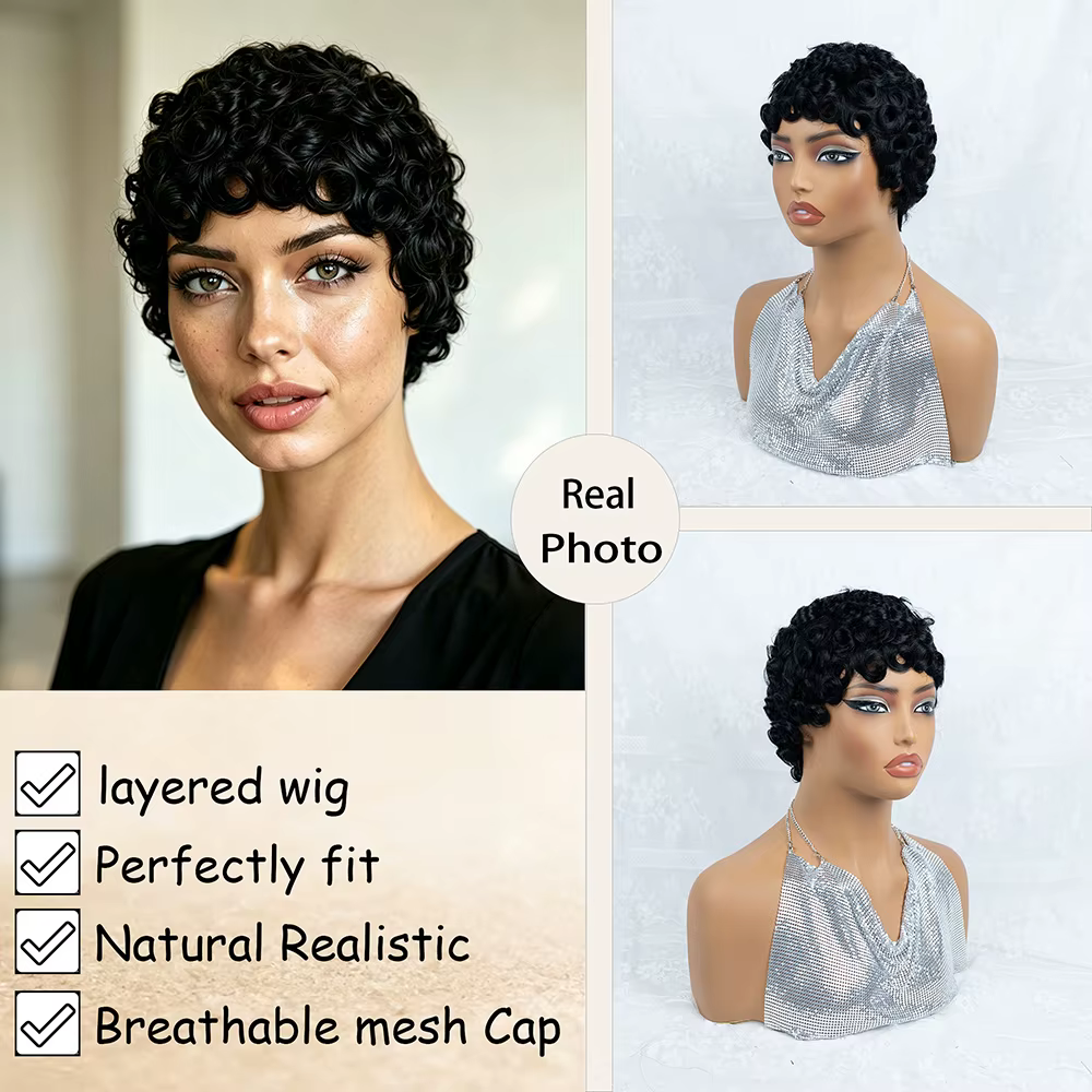 Perruque courte afro bouclée en cheveux humains pour femmes