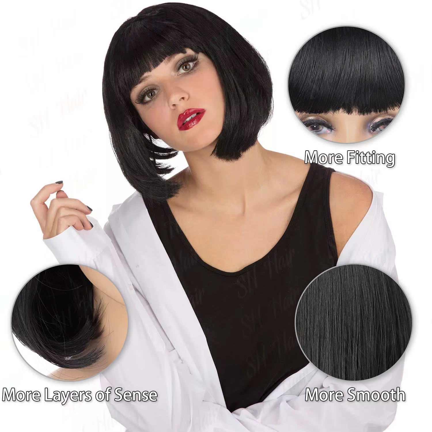 Perruques synthétiques noires Bob pour femmes