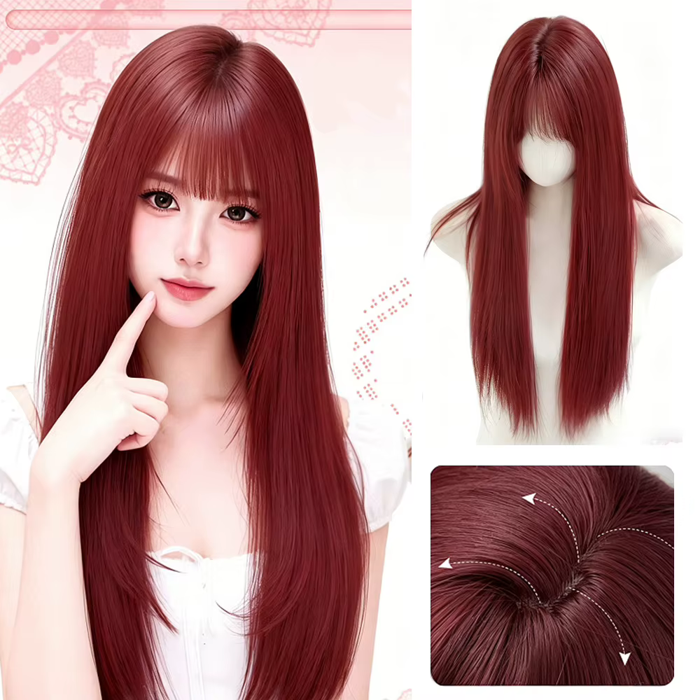 Perruque synthétique longue et droite de haute qualité rouge framboise avec frange, synthétique pour femme, usage quotidien et cosplay, perruque longue pour femme