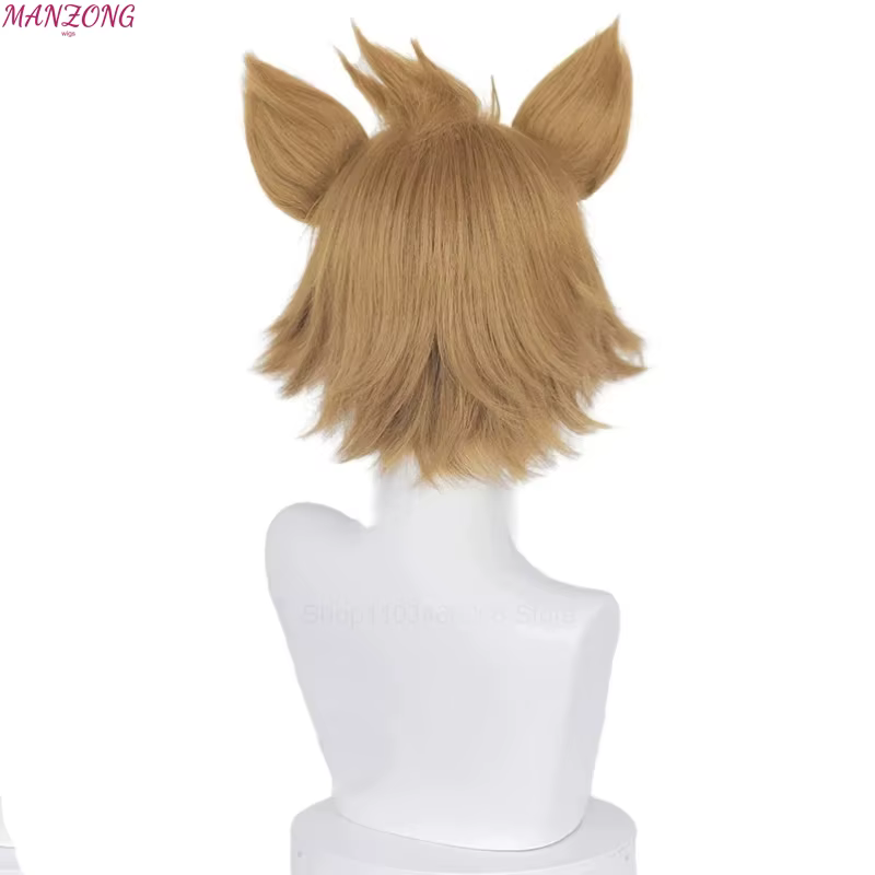 Perruque de Cosplay Gorou Genshin Impact, Cheveux Synthétiques Courts, Marron et Blanc avec Oreilles, Degré de Chaleur, Jeu d'Halloween