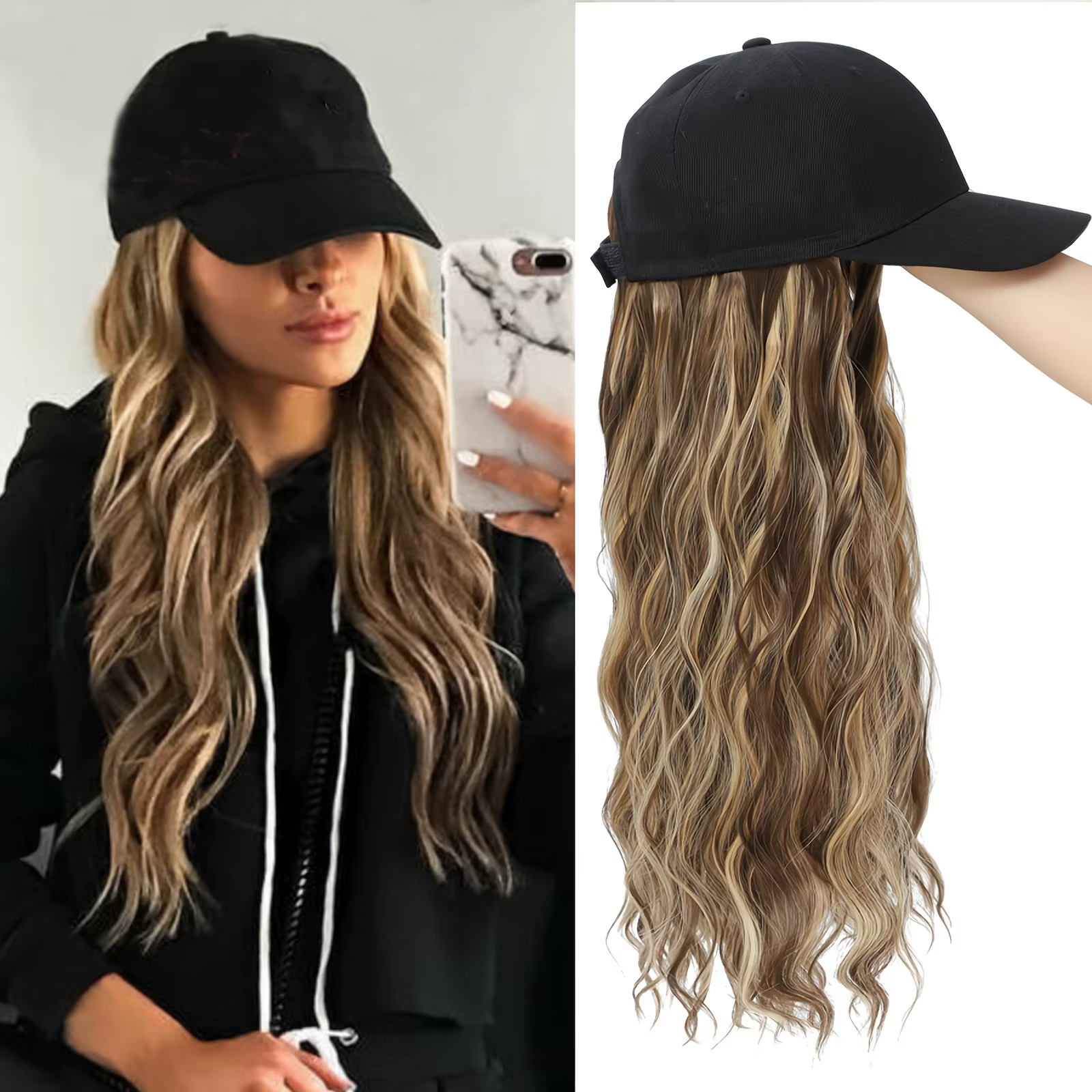 Perruque ondulée bouclée pour femmes de 18 pouces avec casquette de baseball