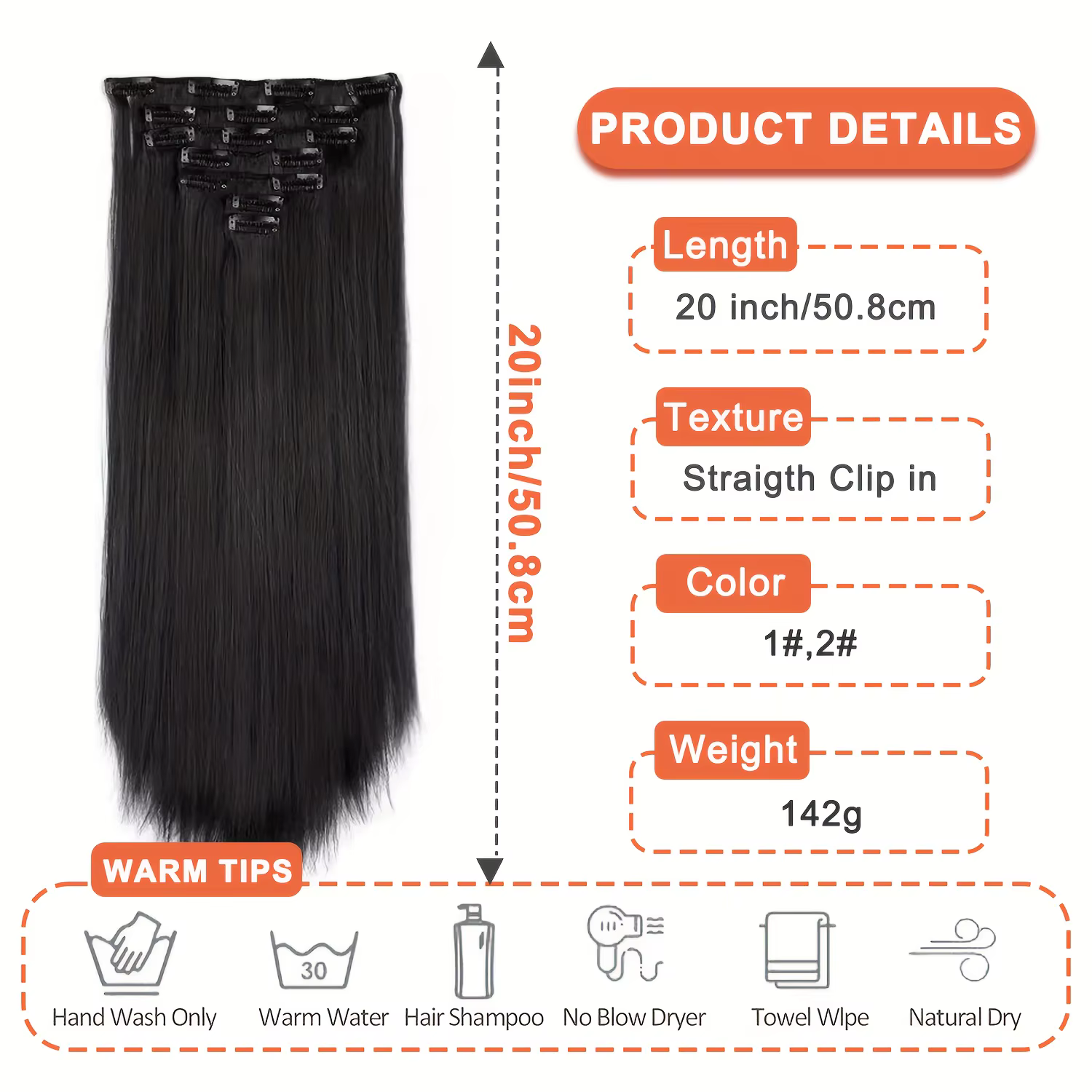 Extensions synthétiques noires naturelles à clips