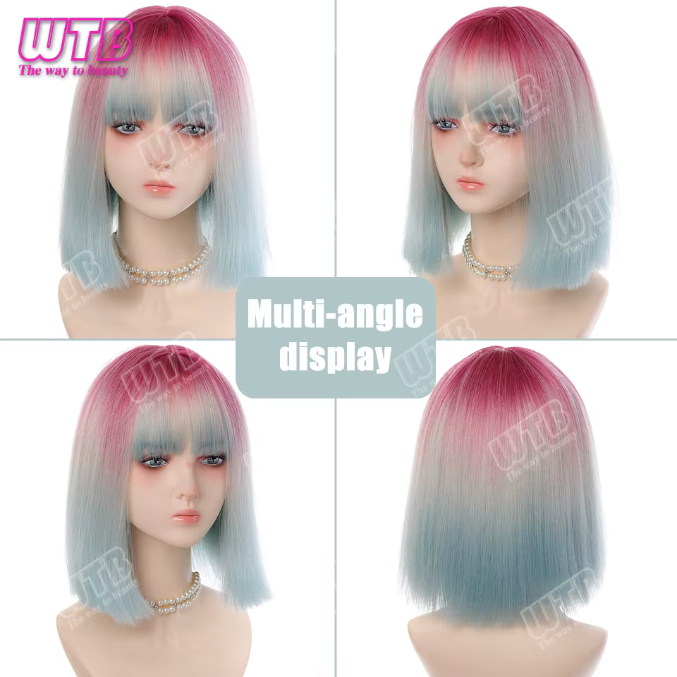 WTB Perruque synthétique Lolita dégradée avec frange droite, adaptée aux femmes et aux filles, pour les fêtes et le cosplay