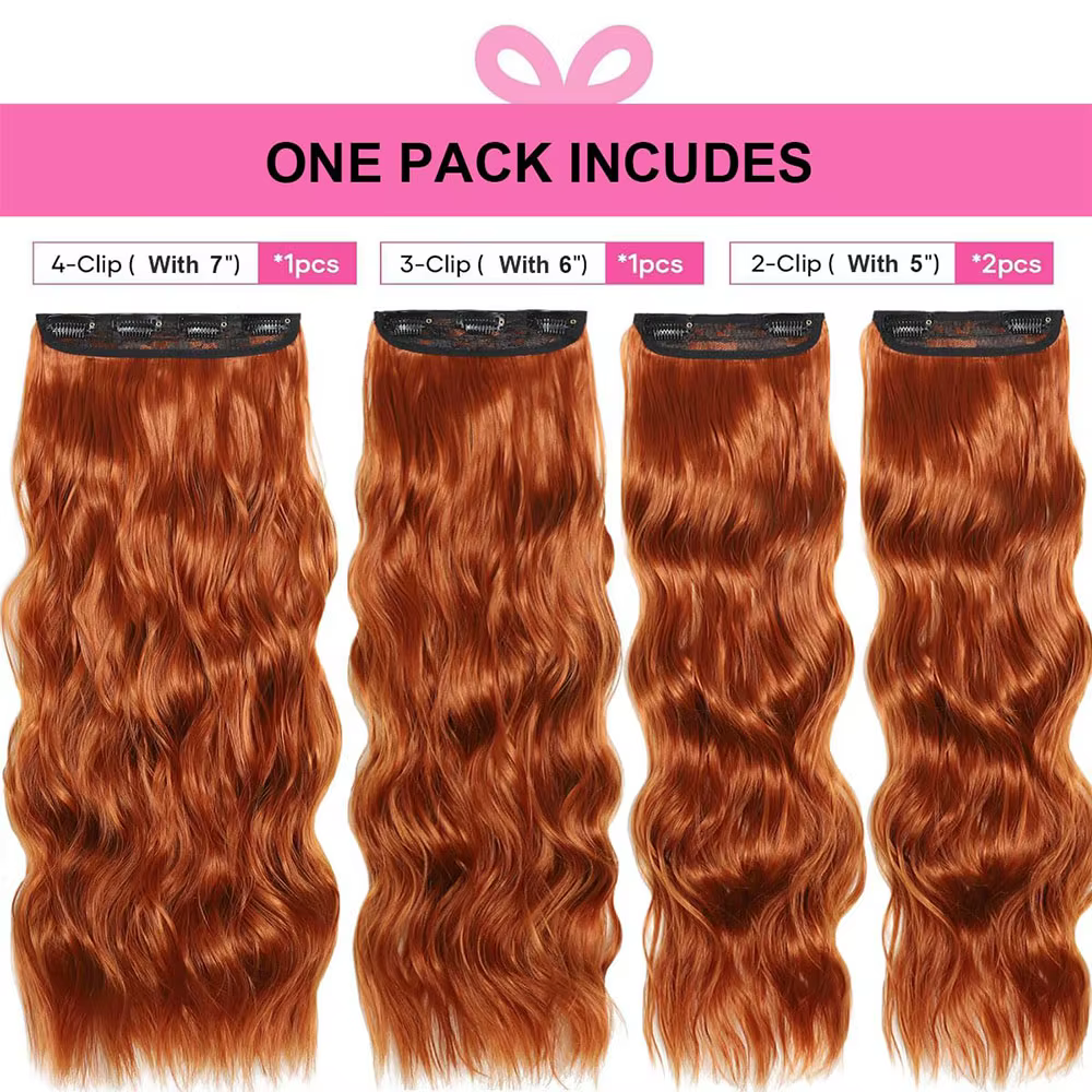 Extensions de cheveux synthétiques ondulées longues rouges cuivrées à clipser
