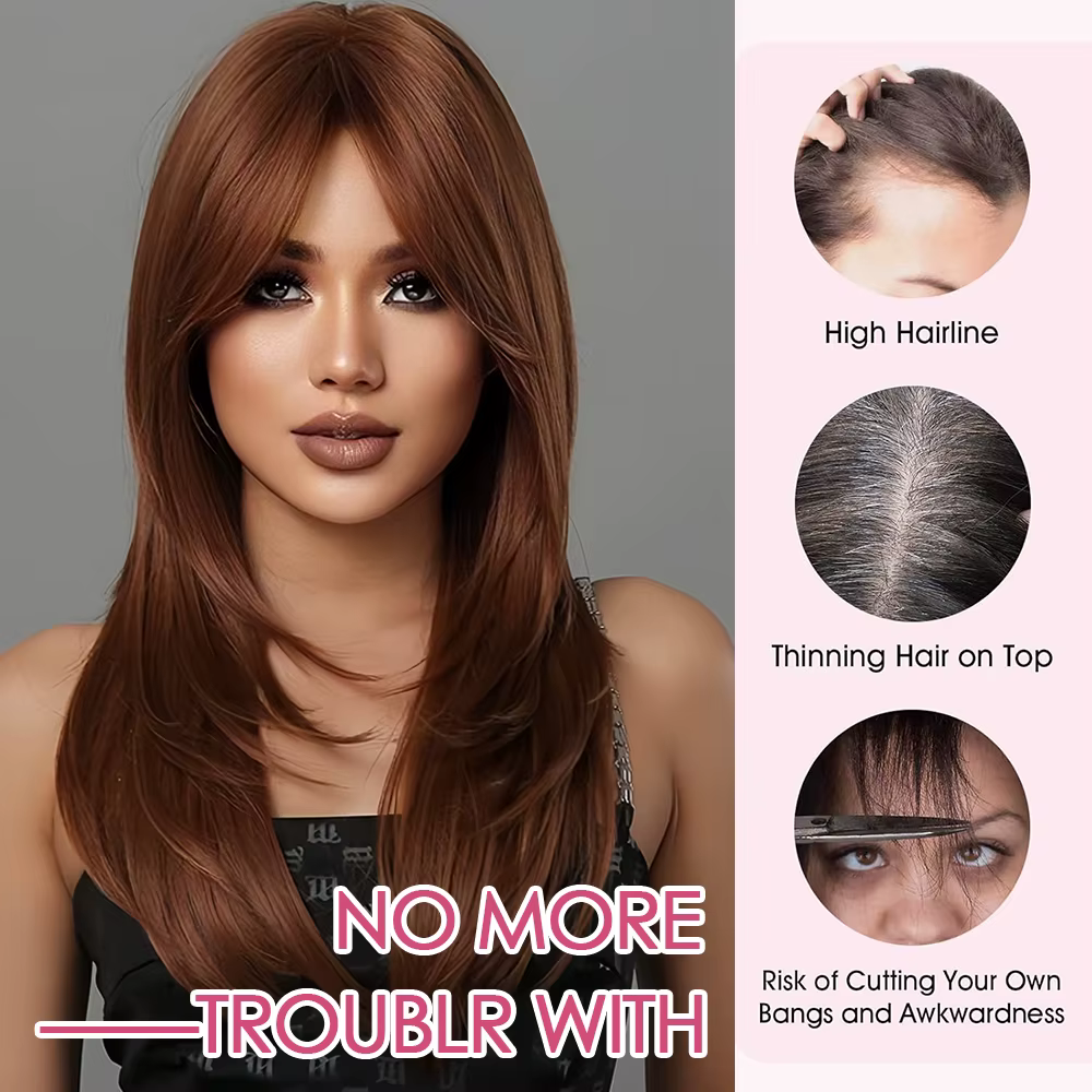 Topper de cheveux humains couleur marron avec frange rideau
