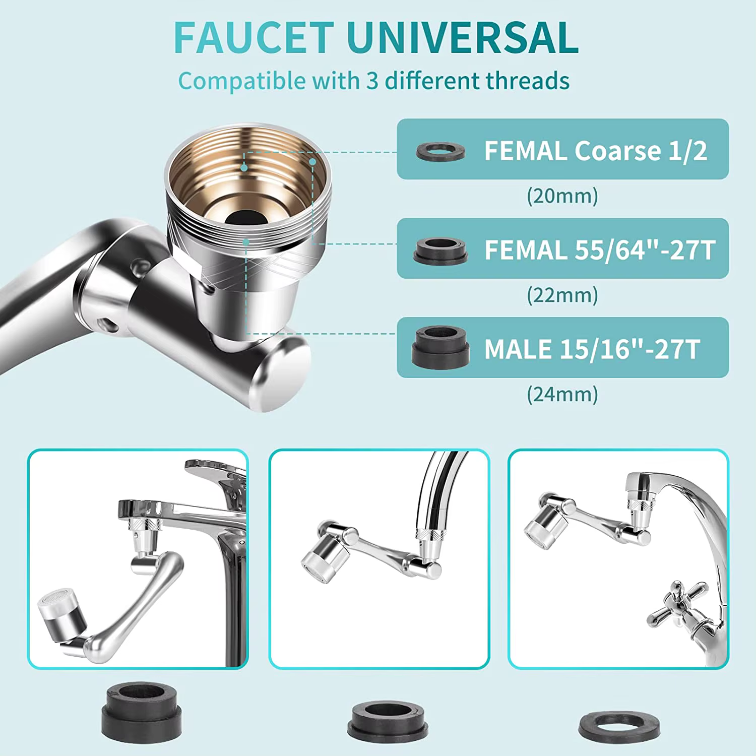 Prolongateur de robinet de cuisine en laiton avec filtre à eau, 4 modes réglables, anti-éclaboussures, 1440 ° Aérateur de robinet pivotant rotatif, rallonge de robinet