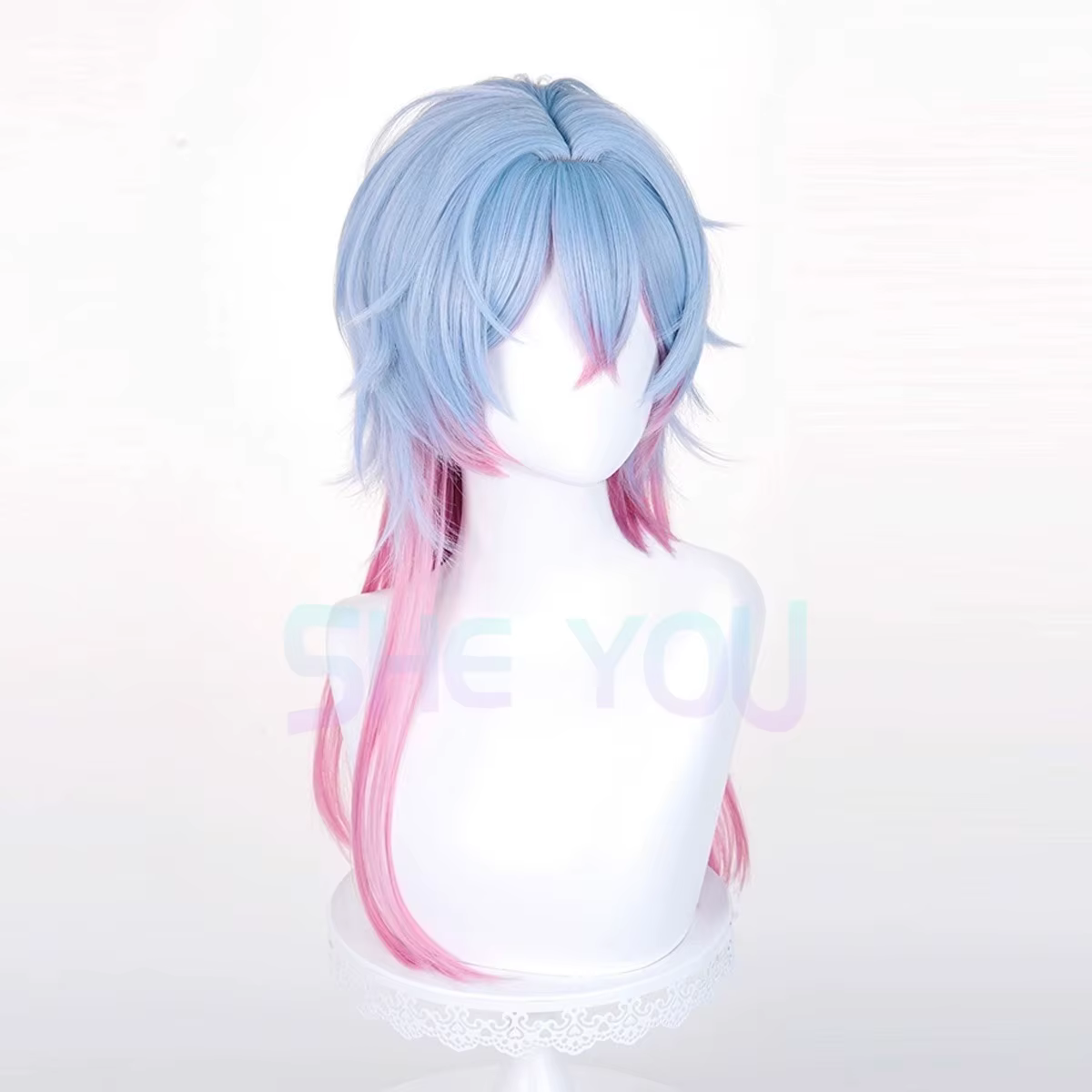 Miku lapin trou Cosplay mâle perruque 65 cm bleu rose dégradé