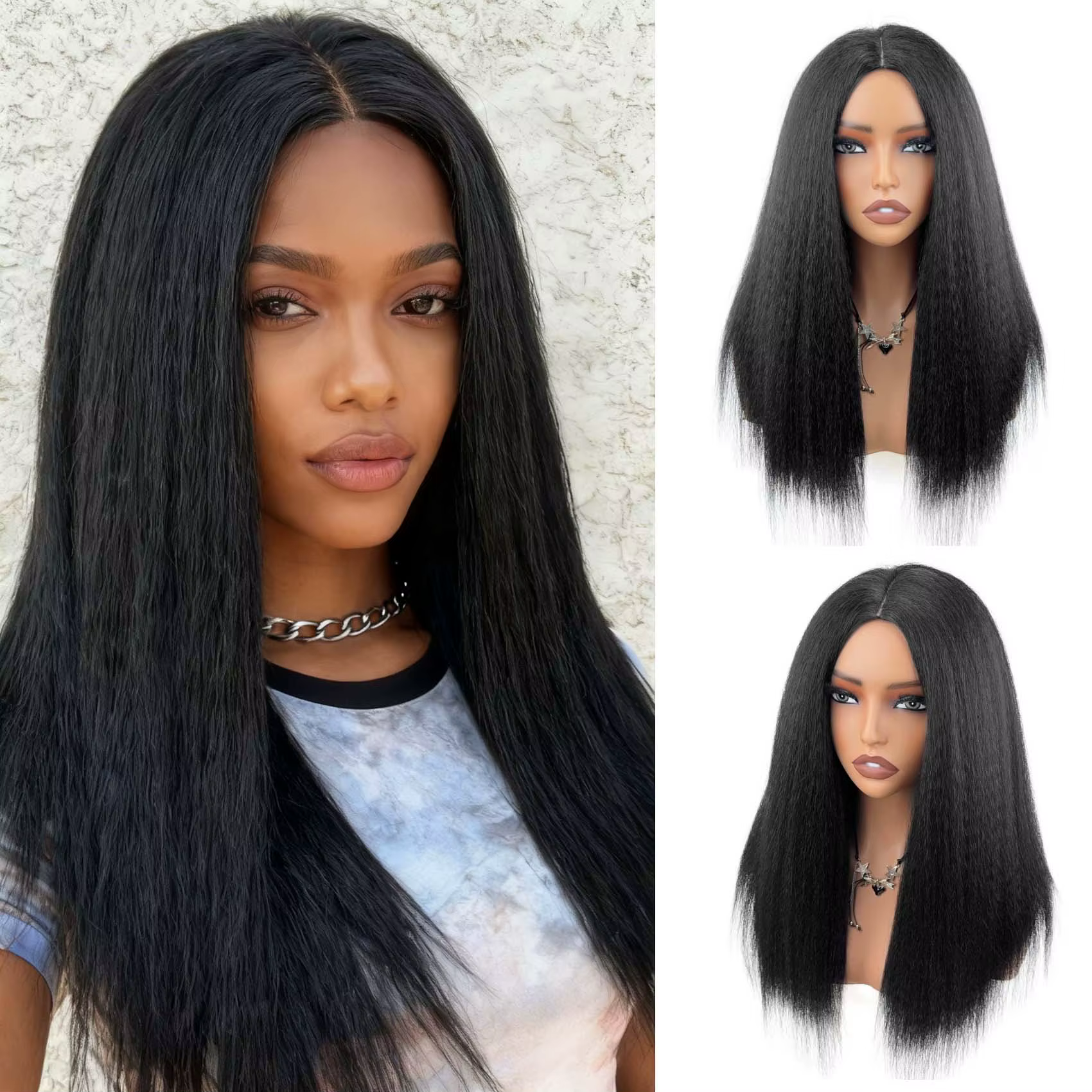 Perruque Yaki noire lisse mi-longue de Style africain pour femmes