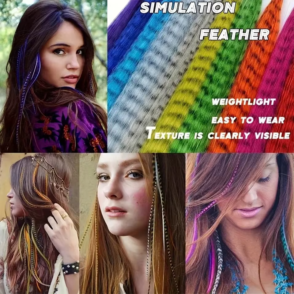 Extensions de cheveux synthétiques en plumes colorées
