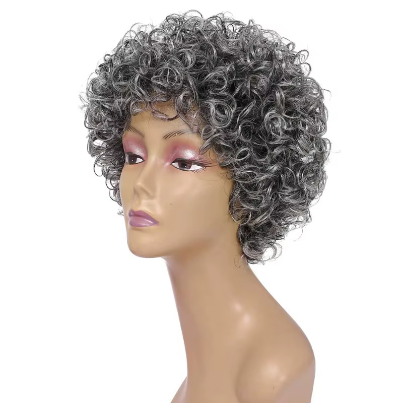Perruque complète en cheveux humains bouclés courts gris-gris de haute qualité