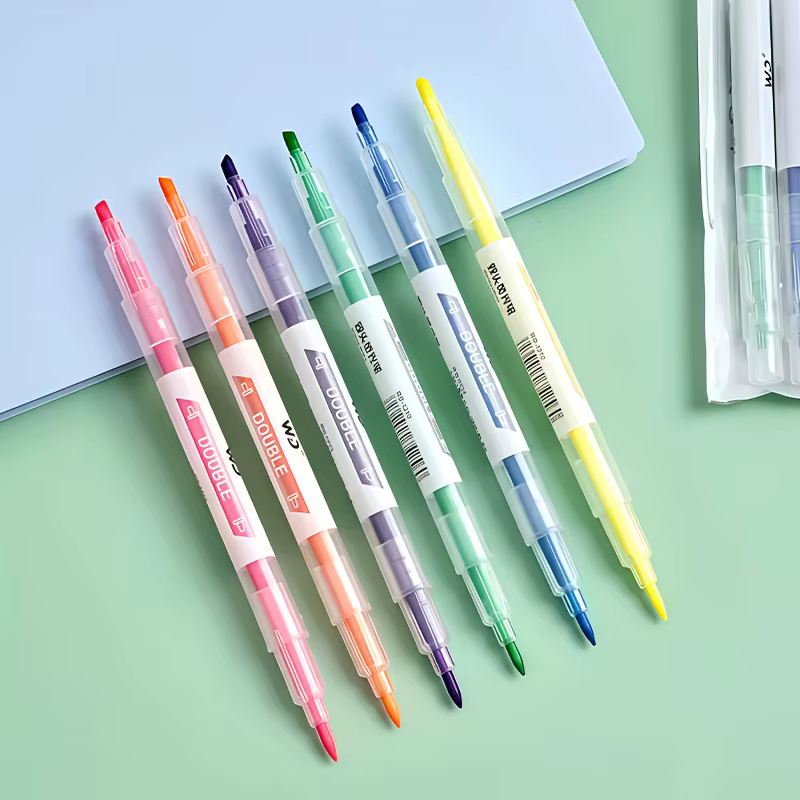 6 surligneurs à double extrémité de différentes couleurs et épaisseurs pour répondre à divers besoins, adaptés à la prise de notes, au travail de bureau, aux études et comme cadeau de papeterie