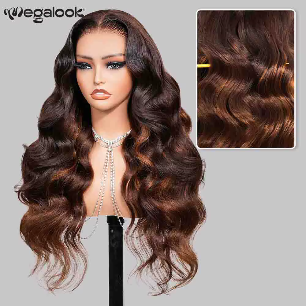 Perruque sans colle mixte marron 13x6 oreille à oreille, Body Wave ombré marron avec cordon de serrage, 100% cheveux humains, nœuds décolorés pré-épilés