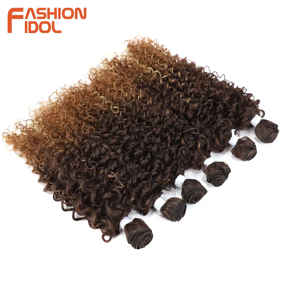 Extensions de cheveux afro bouclés crépus FASHION IDOL, 14-18 pouces, 6 pièces, mèches synthétiques, tissage, ombré brun, cheveux artificiels
