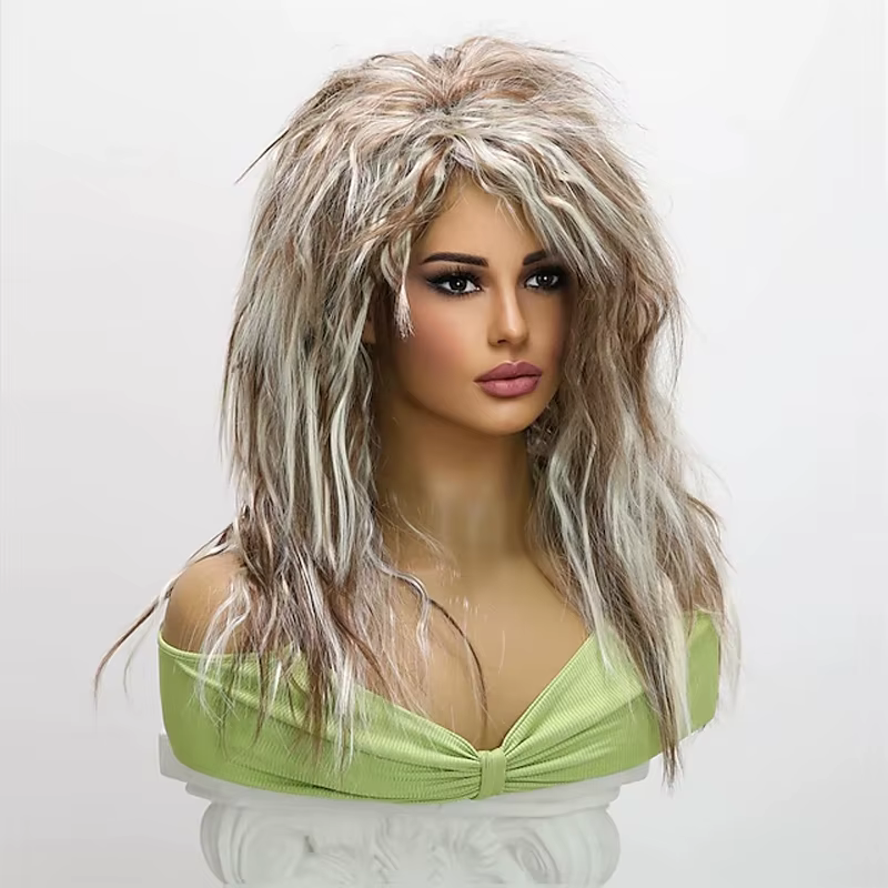 HAIRJOY 24 pouces perruque de cheveux synthétiques pour les femmes 70S 80S longue bouclée marron blanc