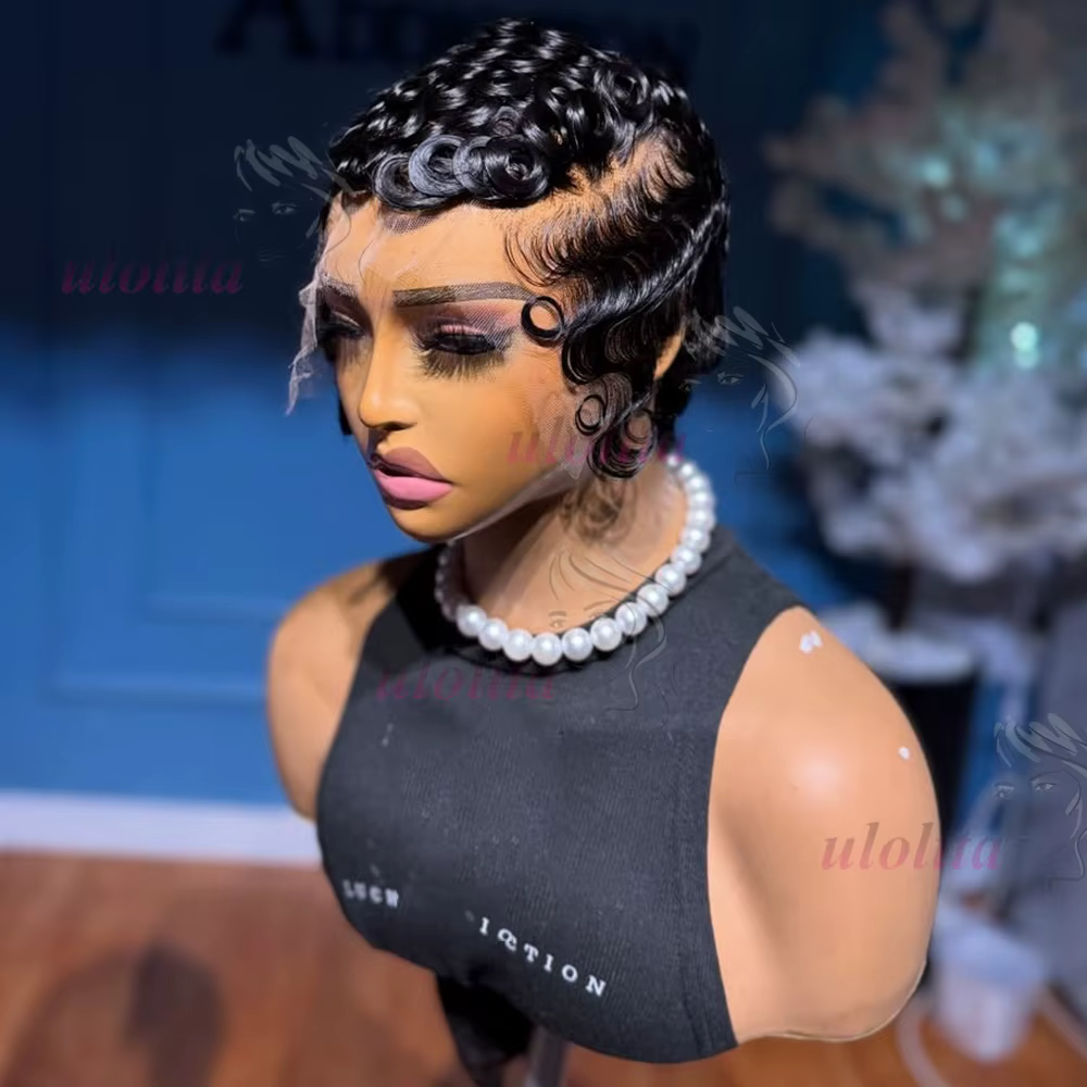 Perruque courte bouclée coupe pixie 13x4 avec dentelle frontale