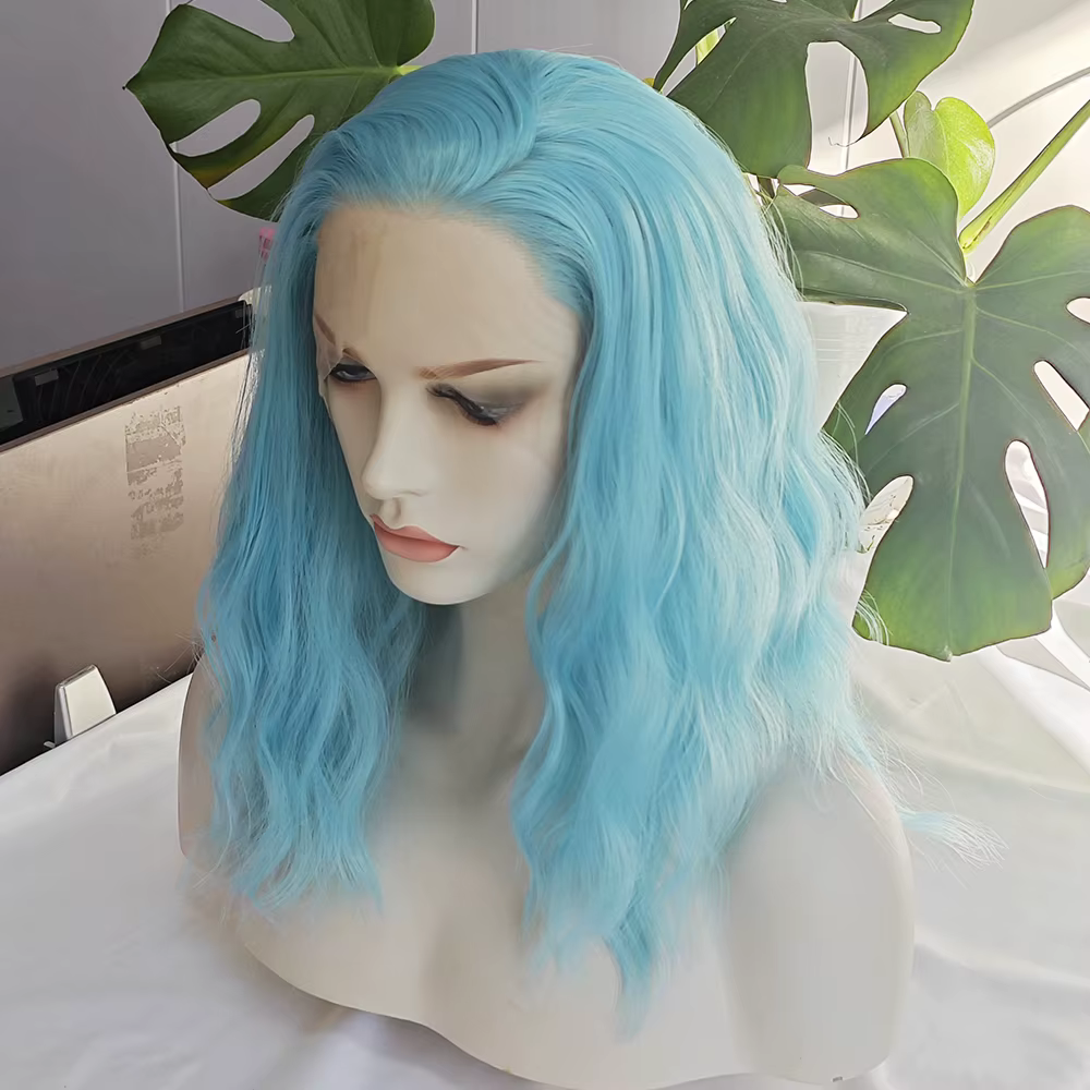 Perruque Lace Front Wig synthétique ondulée bleu ciel, perruque Loose Wave bleu clair pour femmes, Cosplay Makrup, utilisation en Fiber de chaleur, cheveux bleus