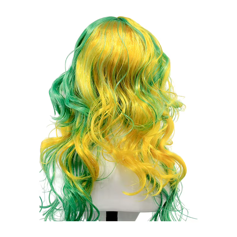 Perruque synthétique longue ondulée ombrée vert-jaune
