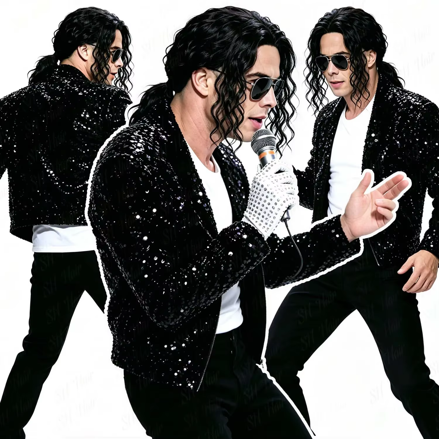 Perruque synthétique noire pour homme, style mulet, avec lunettes et gants, longue et bouclée, années 70-80, style rocker star punk, pour fête, Halloween, cosplay Michael Jackson