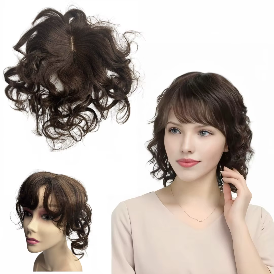 35 cm corps ondulé cheveux humains Toppers pour les femmes avec frange bouclés Topper Clip-in Extension