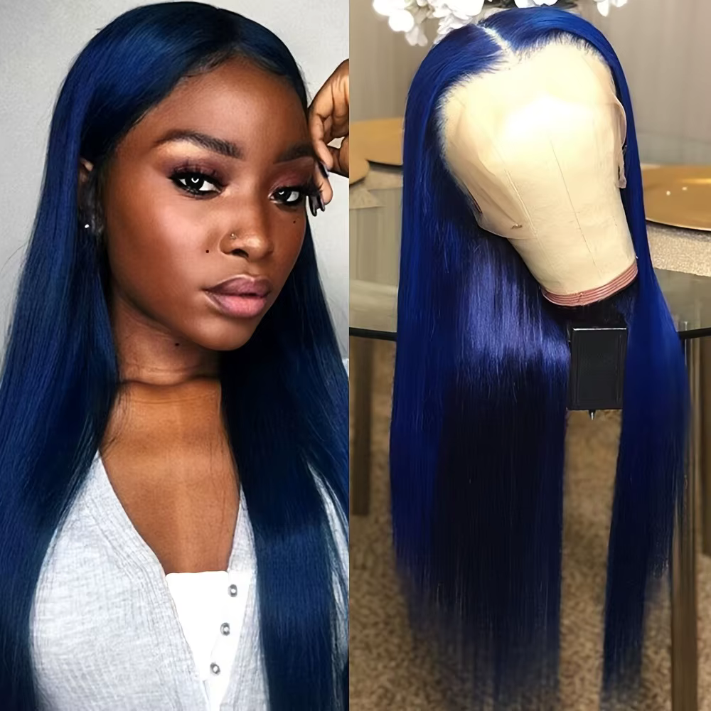 Perruque bleu nuit longue et droite avec dentelle frontale 13x4 HD