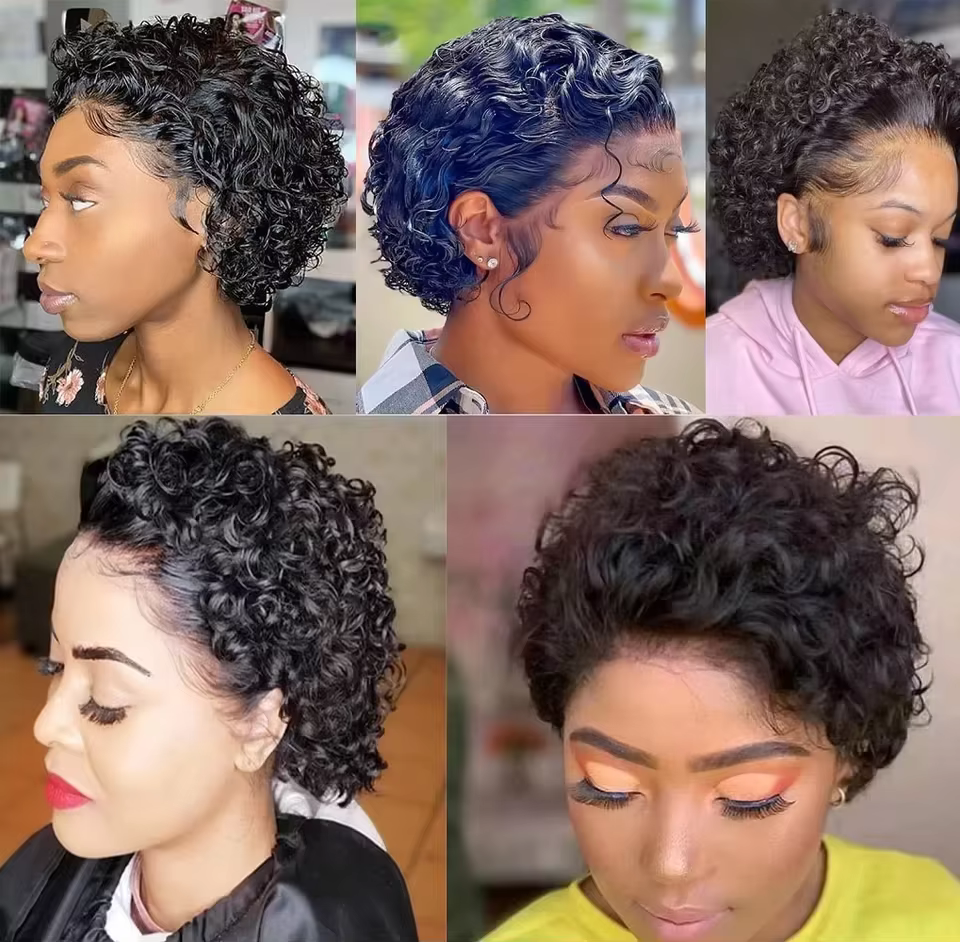 Perruques coupe lutin cheveux humains courts bouclés avant de lacet