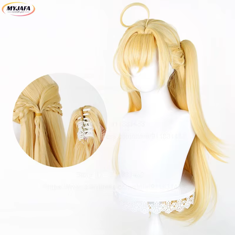 Perruque de Cosplay Anime Cissia, 72cm de long, queue de cheval droite tressée, cheveux synthétiques dorés résistants à la chaleur, perruques de fête d'halloween + bonnet de perruque