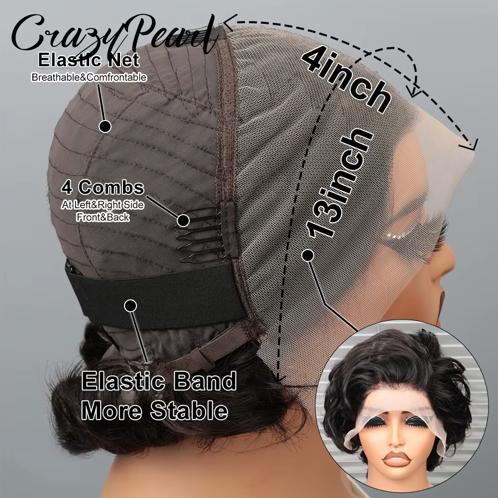 Perruque Lace Frontale CrazyPearl 13X4 Coupe Pixie Cheveux Humains Courts Bouclés Noirs Brésiliens Remy Ligne