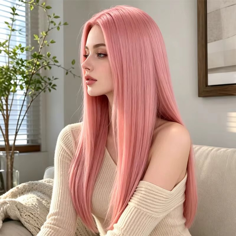 Perruque synthétique élégante rose longue et droite de 28 pouces, soigneusement coiffée avec une raie au milieu, créant un look sophistiqué pour les femmes.