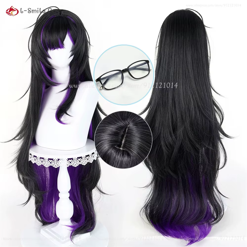 Étiquette NIKKE Perruque de cosplay synthétique résistante à la chaleur, 100cm, noir et violet mélangé, pour femmes, Anime Cosplay, Halloween