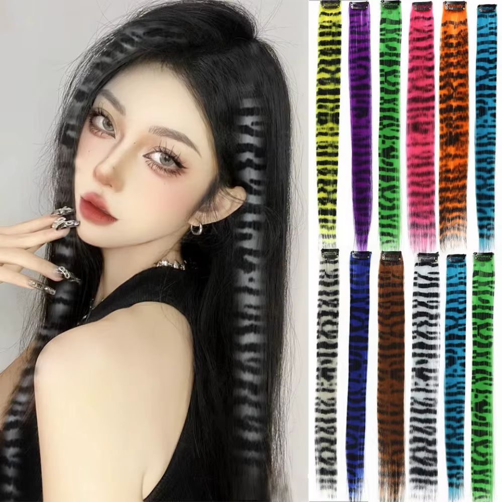 Extensions capillaires synthétiques colorées à clips imprimés à rayures