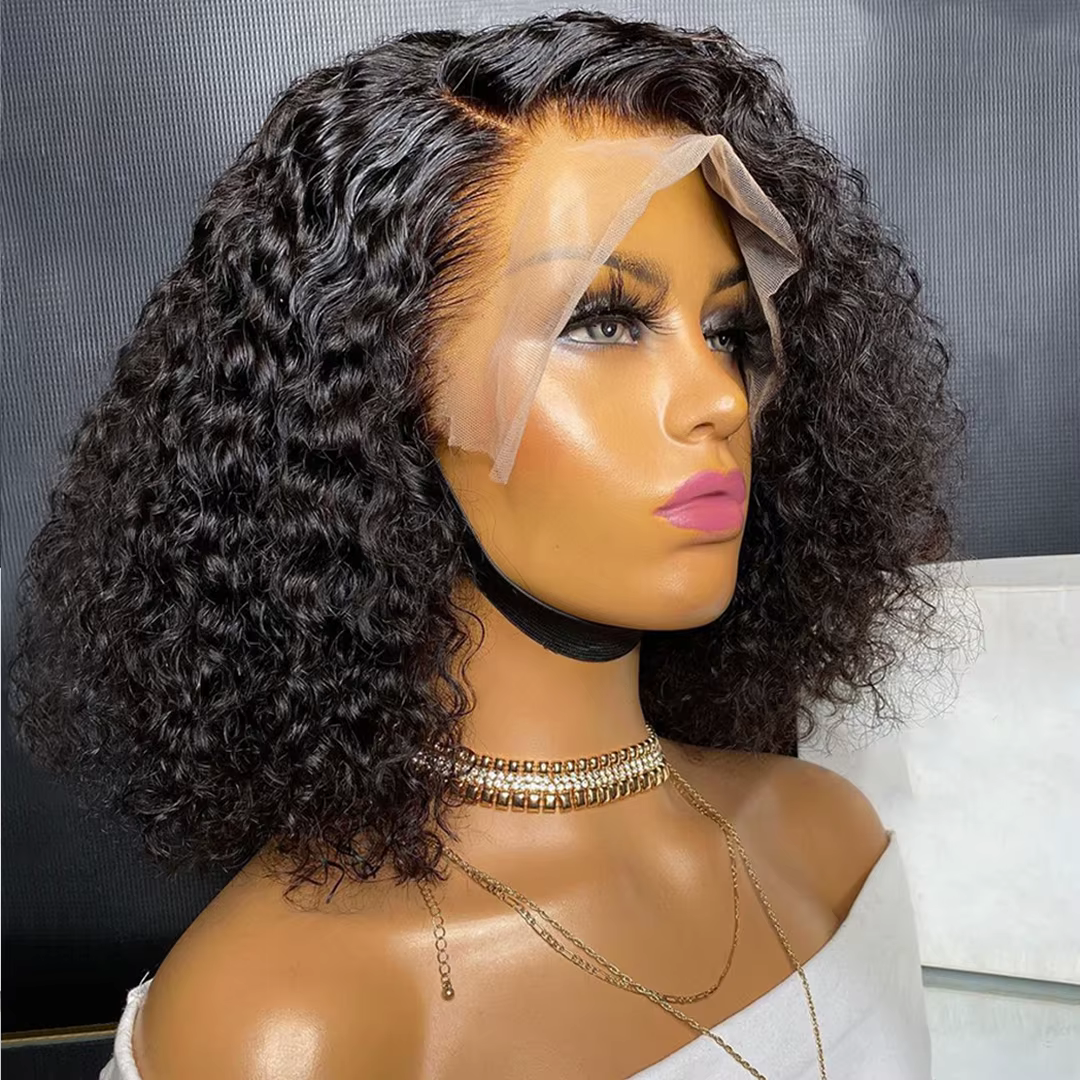 Perruques sans colle 100% cheveux humains prêts à porter crépus bouclés courts Bob