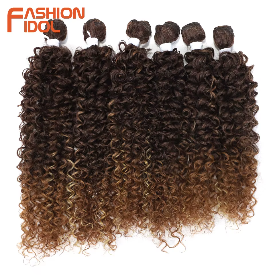 Extensions de cheveux afro bouclés crépus FASHION IDOL, 14-18 pouces, 6 pièces, mèches synthétiques, tissage, ombré brun, cheveux artificiels