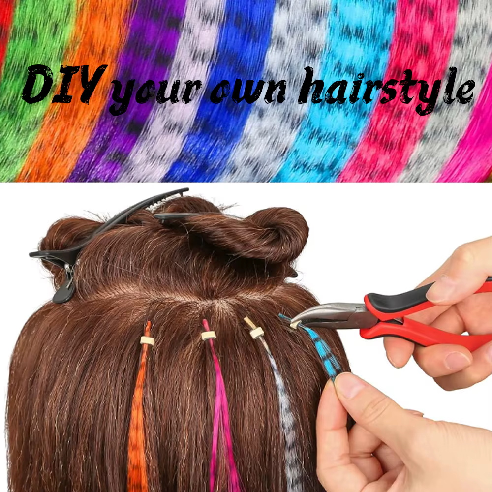 Extensions de cheveux synthétiques colorées à rayures en plumes