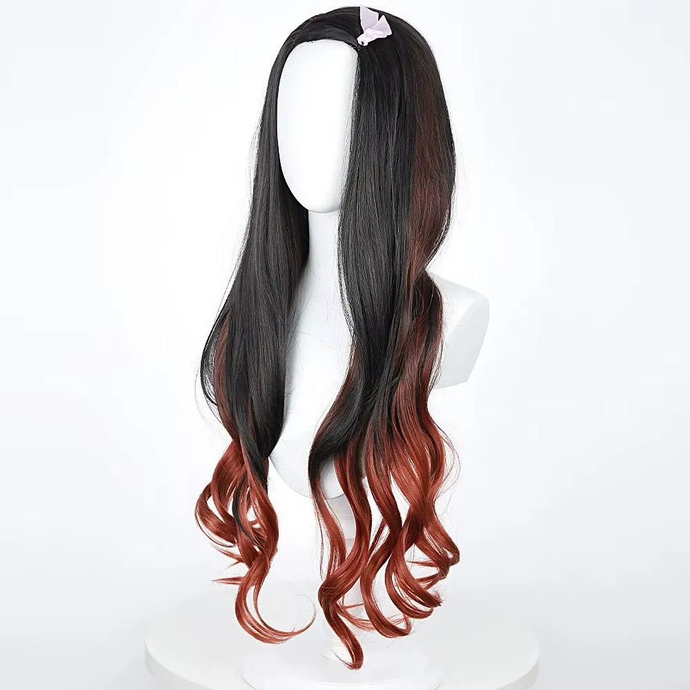 Perruque de cosplay Nezuko anime à cheveux longs bouclés