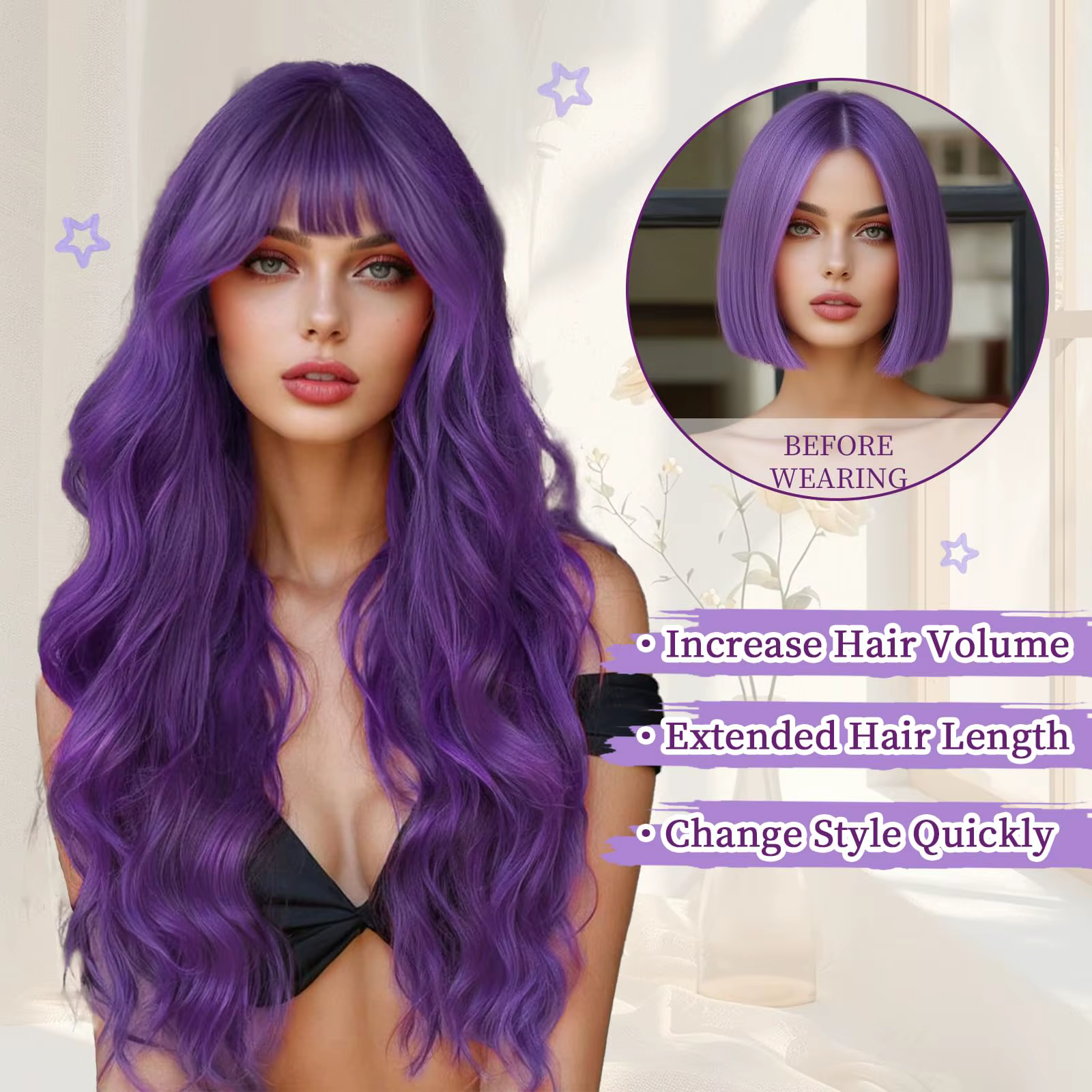Perruque synthétique violette de 26 pouces avec de grandes vagues pour Halloween