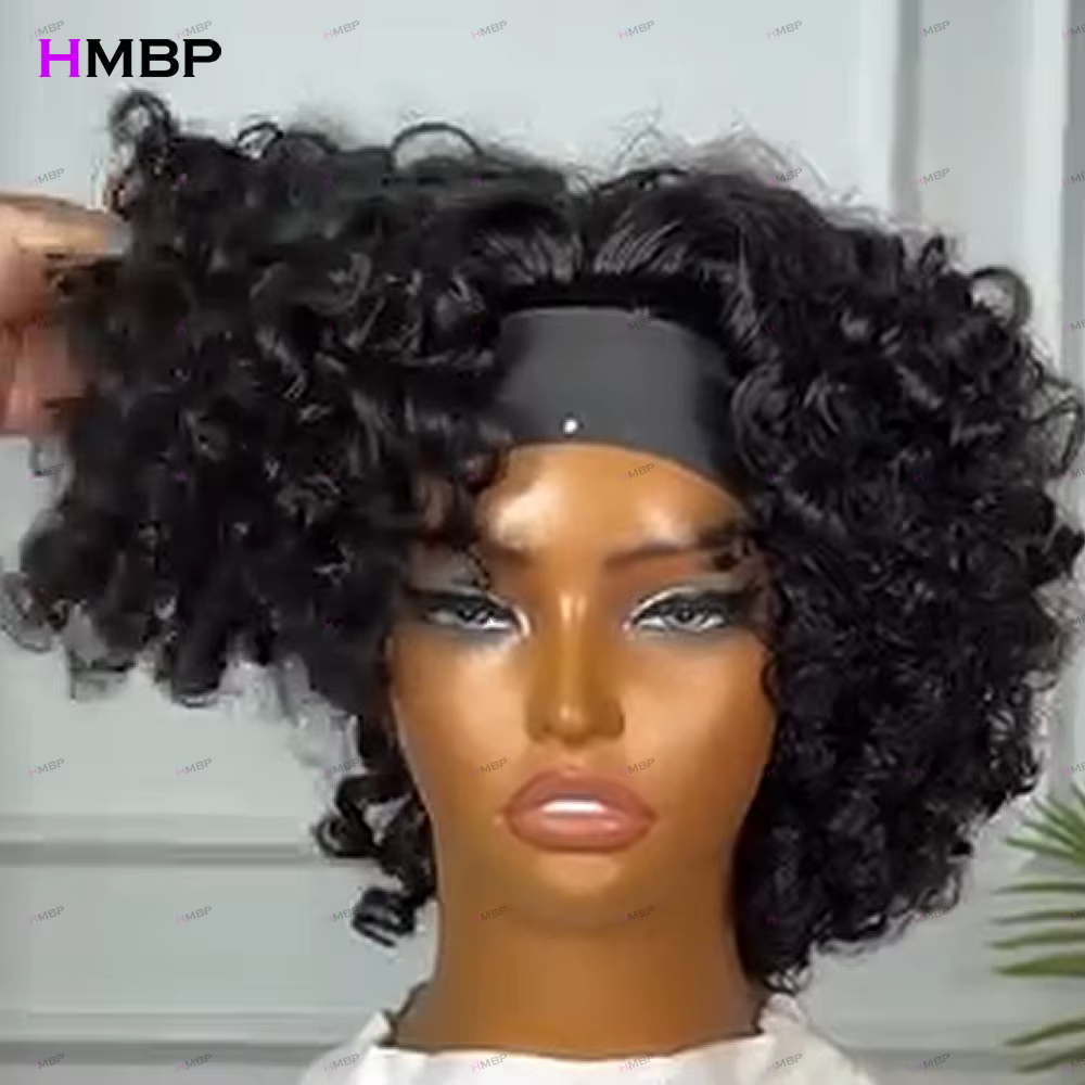 Perruques bandeau bouclées et volumineuses 100% cheveux humains, prêtes à porter, densité 400, 10-18 pouces, entièrement faites à la machine pour femmes noires, pré-épilées