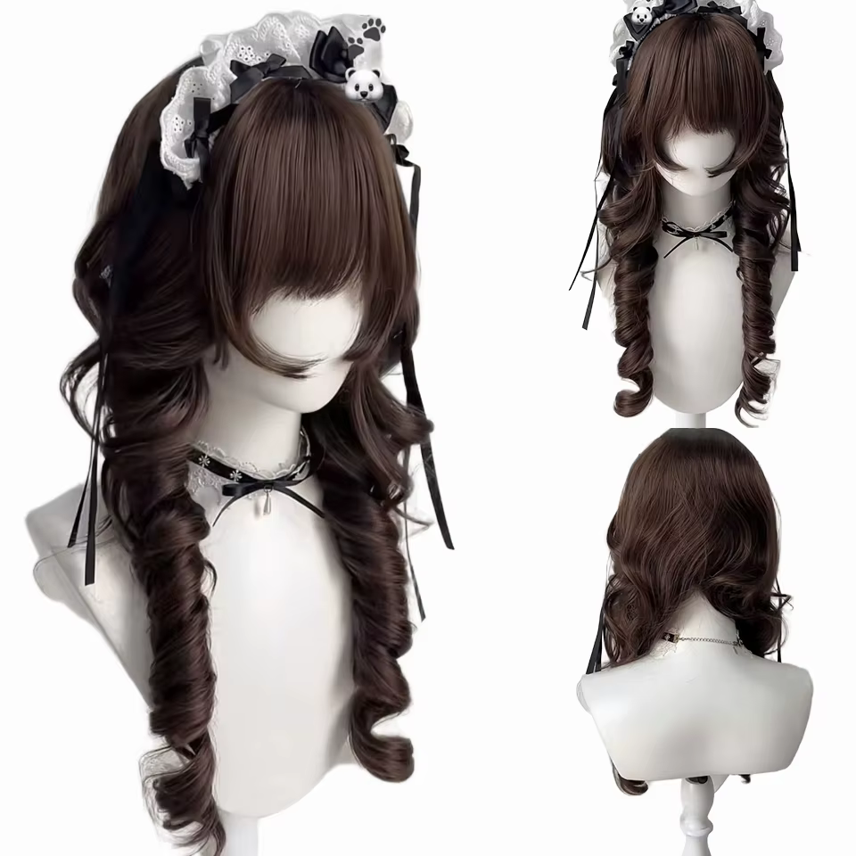 Perruque Lolita avec frange tête de méduse cheveux longs bouclés Fibers haute température