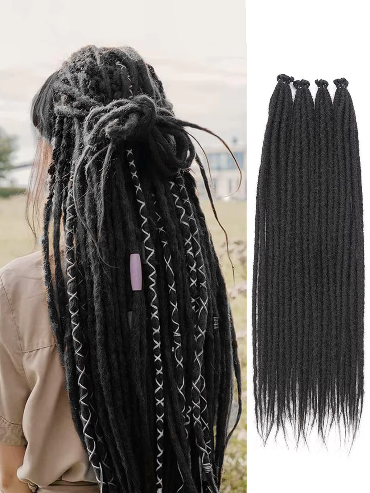 Extensions à clipser pour dreadlocks droits de 24 po | 10 brins | Cheveux synthétiques fins et doux | Look naturel |