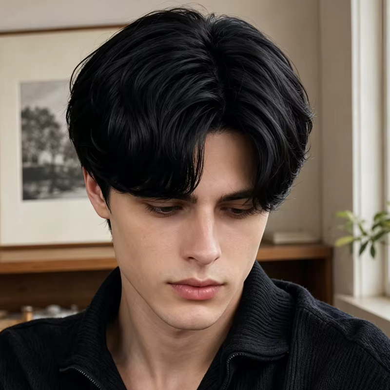 Perruque pour homme noire de 8 pouces en matière synthétique