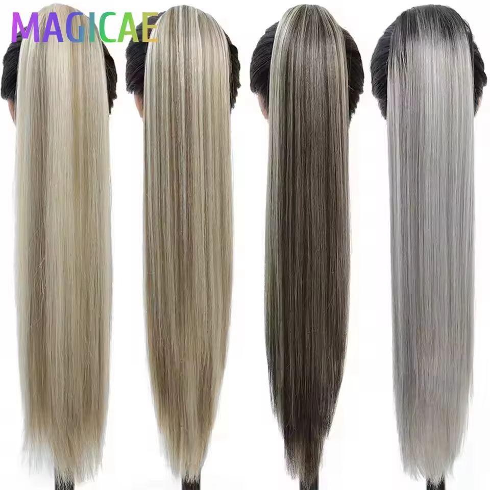 28 pouces queue de cheval droite Blonde 27/613 Extensions de cheveux avec Clips Ombre brun cordon coloré Bio haute température synthétique
