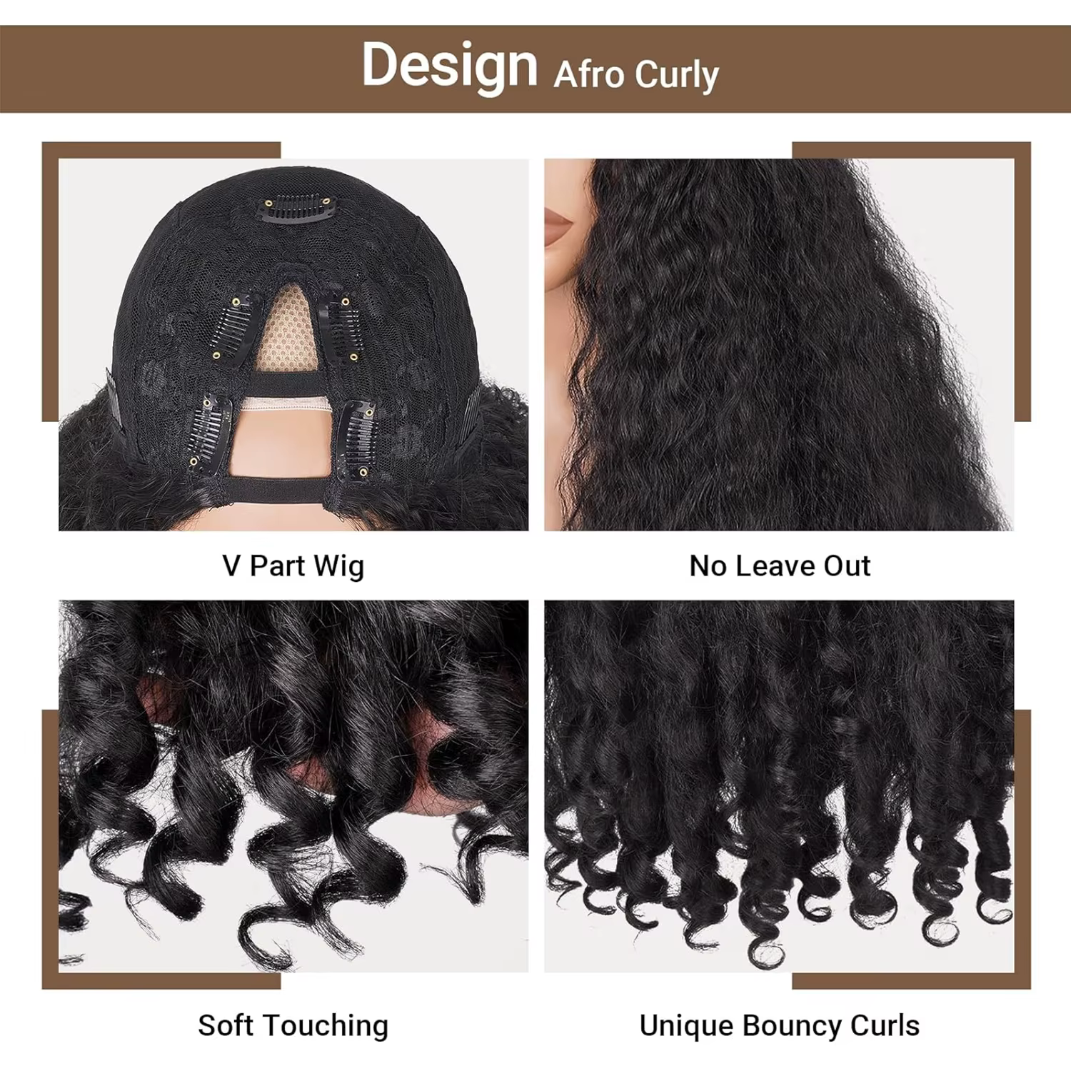 Perruque Afro V-Part frisée crépue pour femmes noires, perruque sans colle prête à porter avec des boucles rebondissantes uniques aux pointes, synthétique
