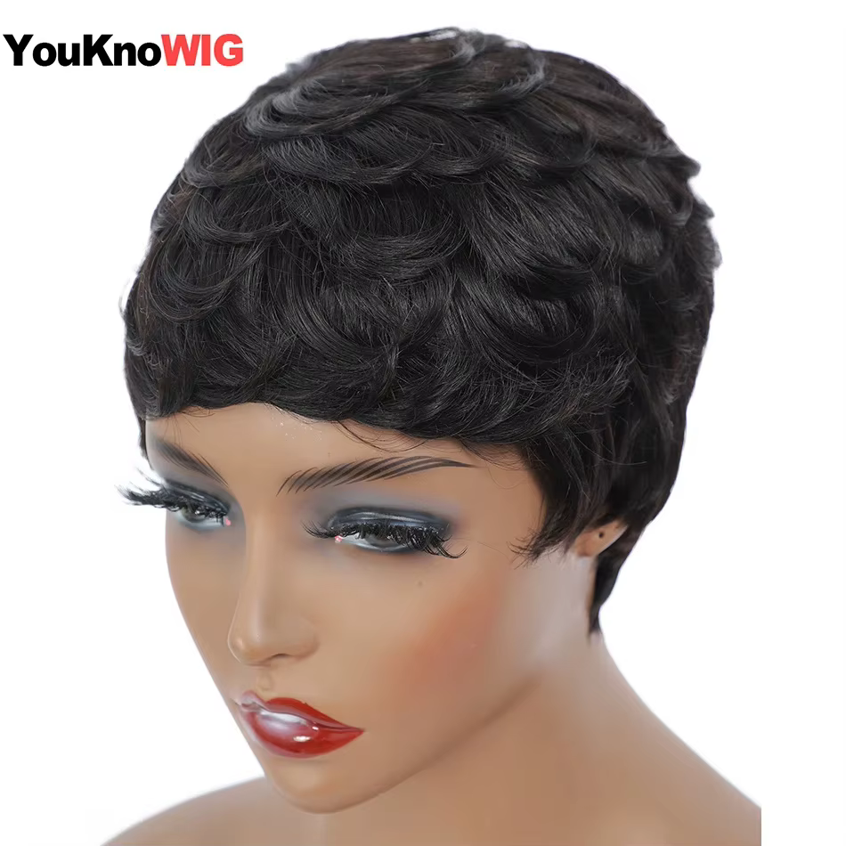 Perruque courte coupe pixie bouclée en cheveux humains brésiliens pour femmes noires