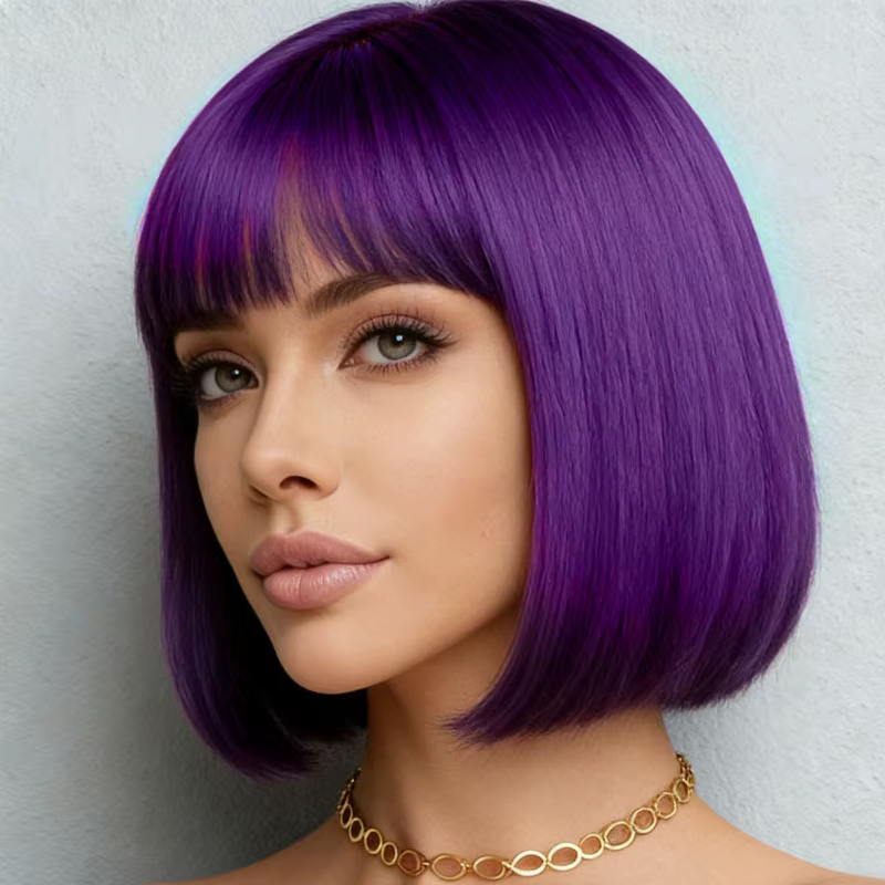 Perruque violette de 12 pouces avec frange
