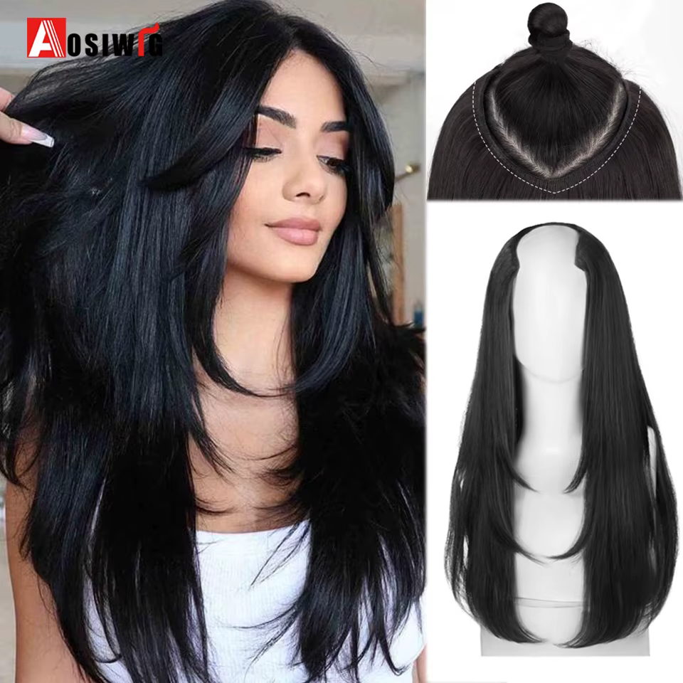Extension capillaire synthétique longue en forme de V pour femmes