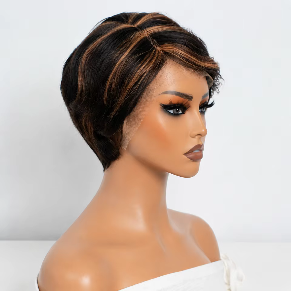 Perruques Lekker CLearance Highlight Short Pixie Cut Side Part Lace Front 100% Cheveux Humains Pour Femmes Sans Colle Cheveux Brésiliens Remy Bob