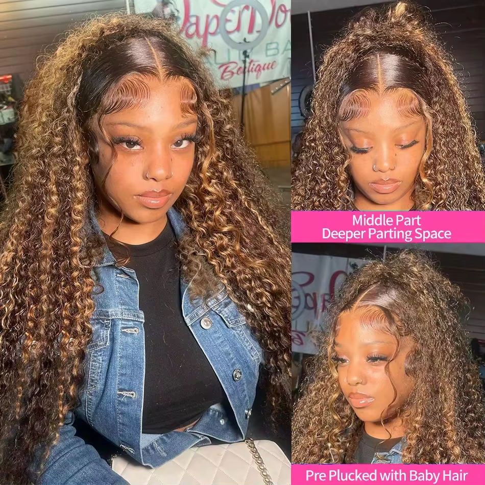 Perruque Lace Frontale 30 Pouces Cheveux Humains Bouclés Ombrés avec Mèches