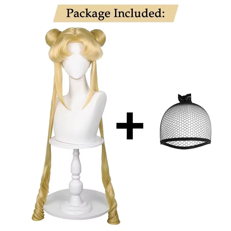 Sailor Moon Tsukino Usagi Perruque longue bouclée blonde queue de cheval avec 2 queues de pong avec bonnet