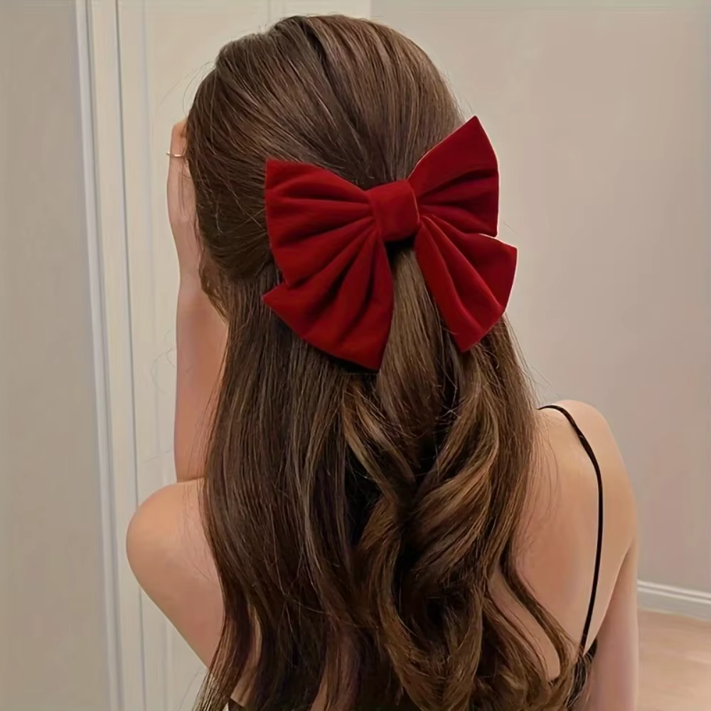 Pince à cheveux à gros nœud en velours rouge avec épingle à cheveux